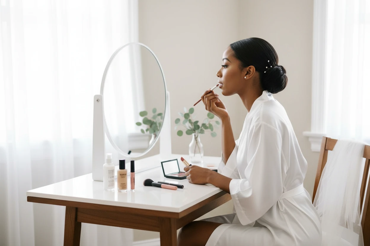 Woman Applies Red Lipstick While Holding Her Phone Doing Her Own Makeup