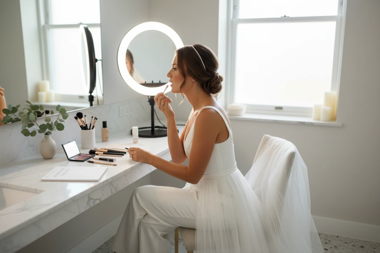 Brief Fixes Her Lipstick in the Mirror While Wearing Her Wedding Dress