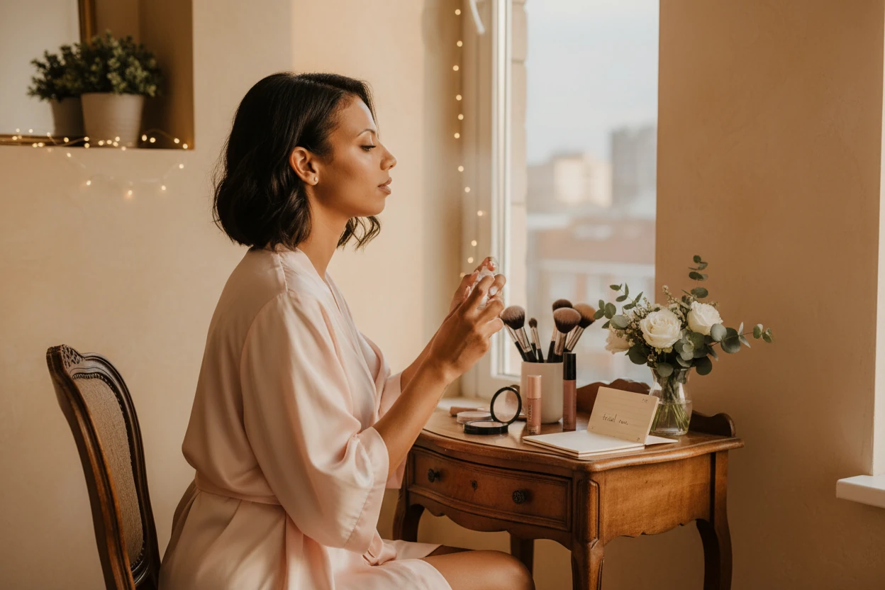 Bride Putting on Lipstick as Part of DIY Wedding Makeup in the Mirror While Wearing a White Slip