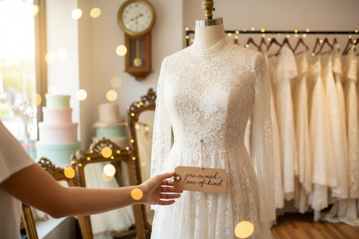 Bride Looks at Herself in the Mirror While Trying on a Wedding Dress