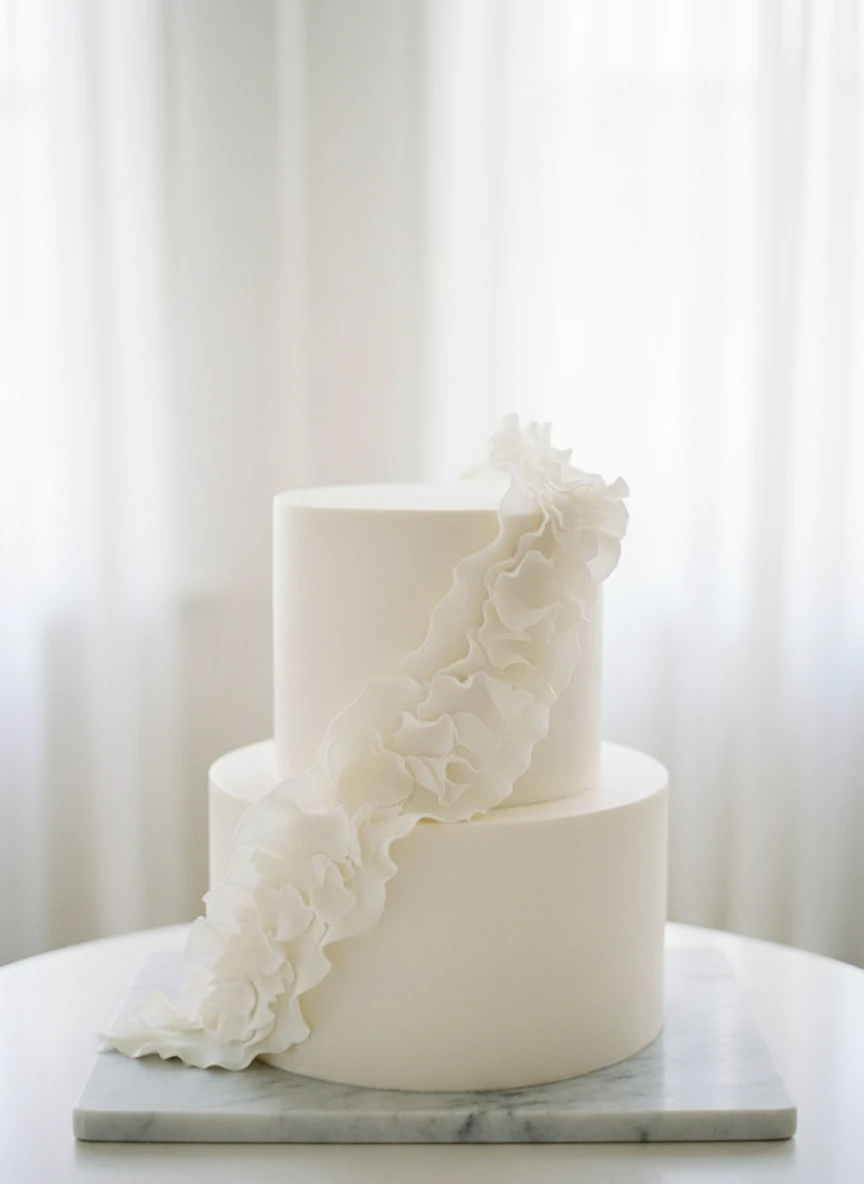 A three-tier white ruffled square wedding cake