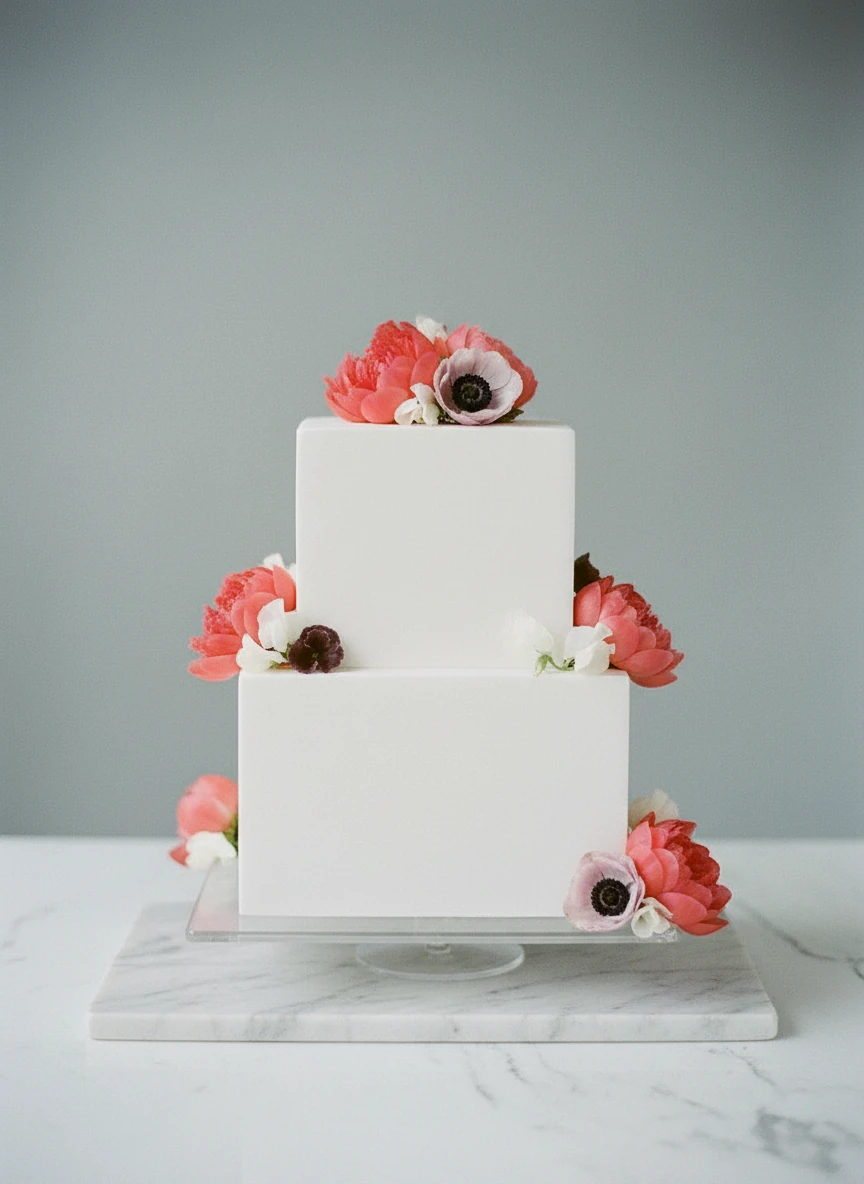 A two-tier textured square cake topped with flowers