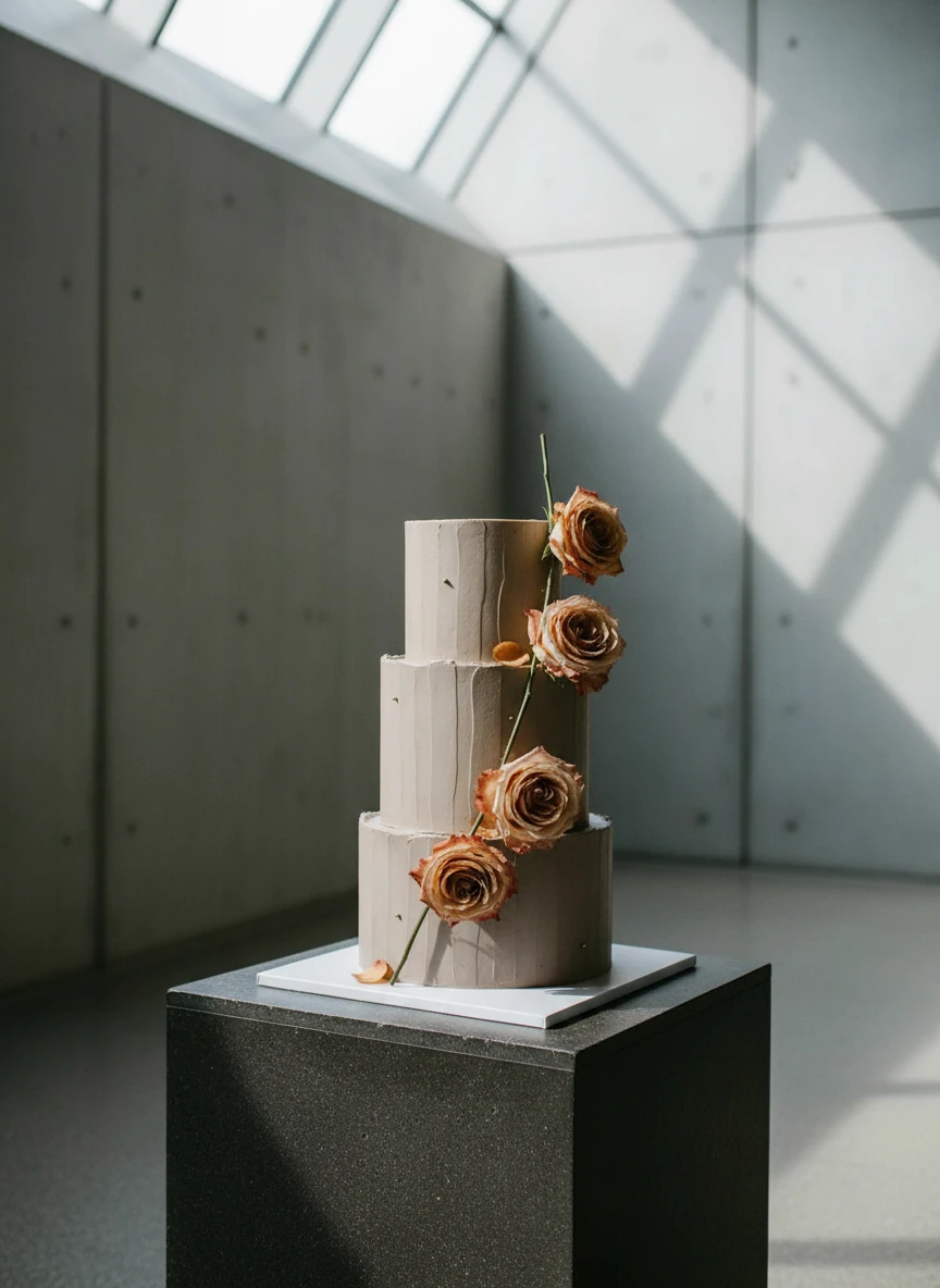A tiered wedding cake with a rustic design adorned with flowers and accompanied by two glasses and a knife on a table
