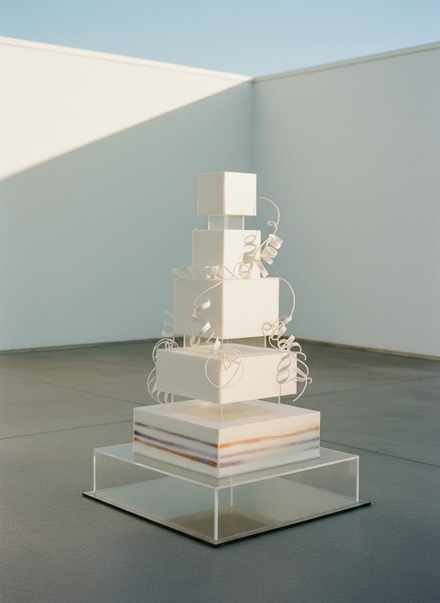 5 tier square wedding cake with white vines on beige round table in front of pink curtain