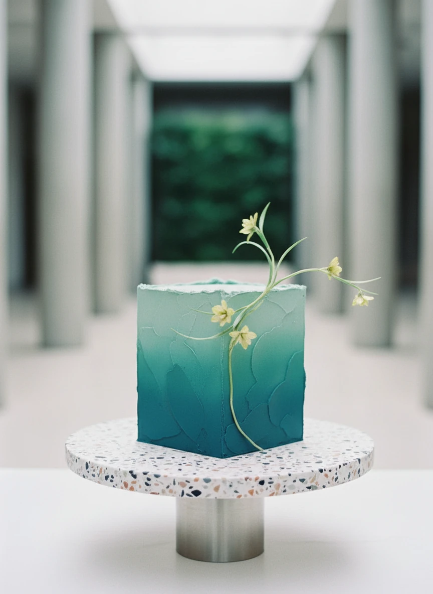 Teal rectangular small wedding cake with simple green flowers on marble slab at wedding
