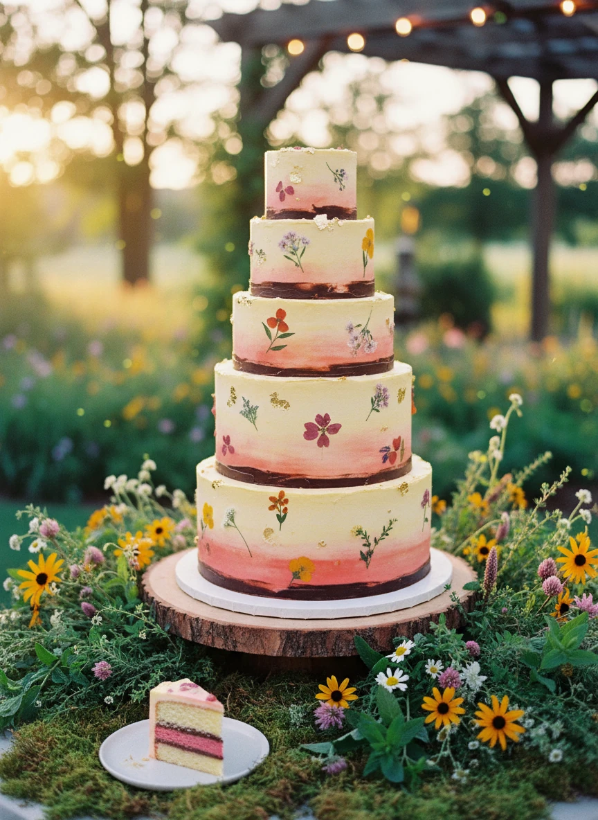A tiered wedding cake on a table surrounded by flowers, with a floral wall in the background