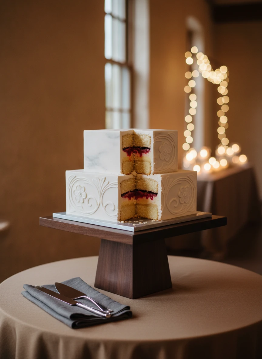 Wedding cake on a table outdoors, with a mountain and flowers in the background