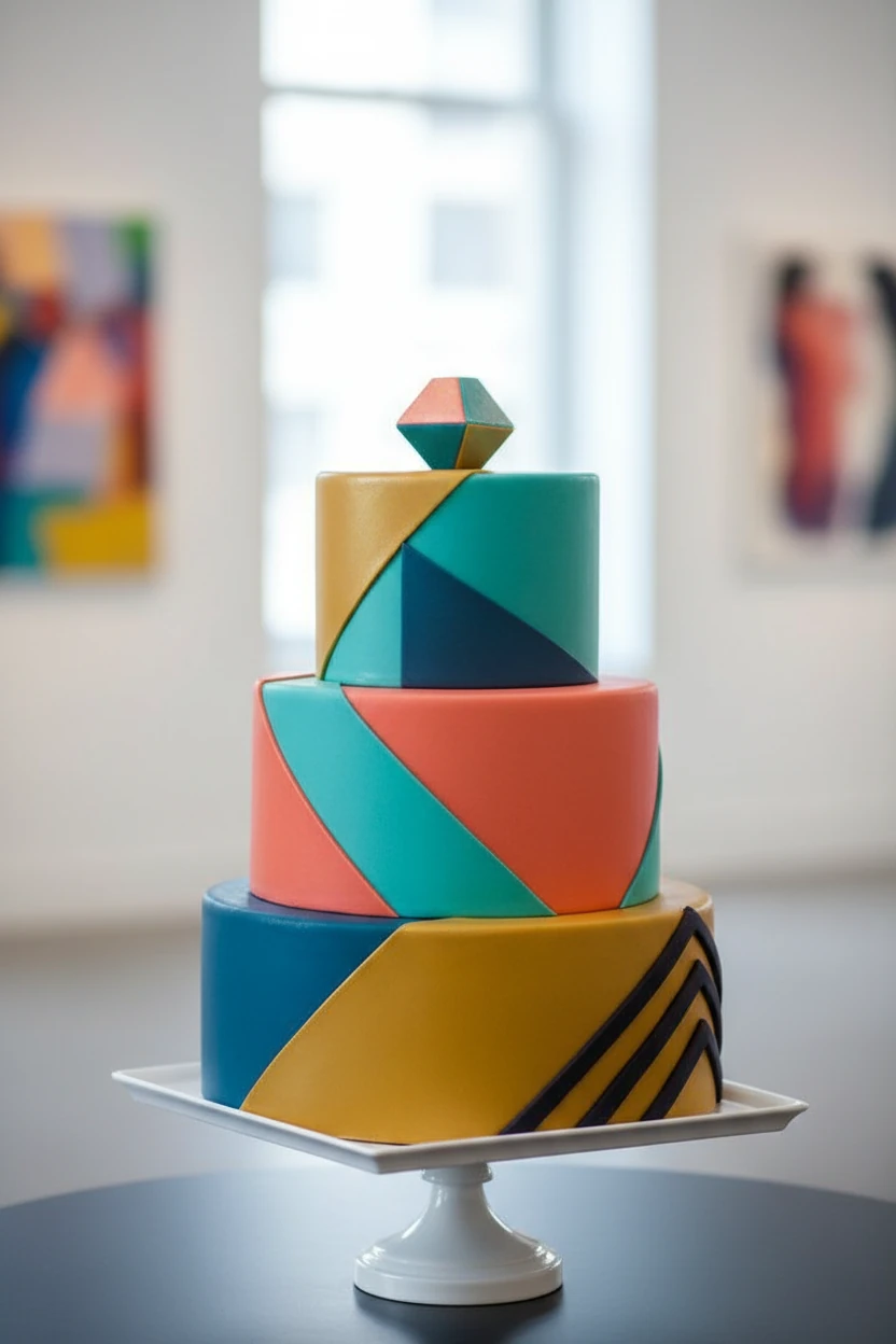 Three tier color blocking square wedding cake with a red flower