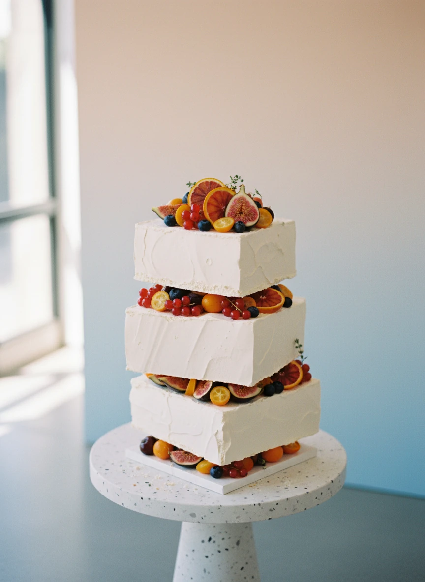 A two-tier white square wedding cake with fruit