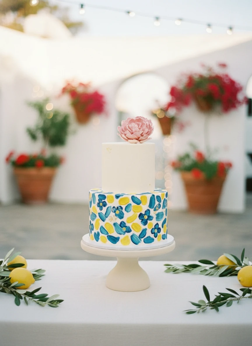 A three-tier blue, yellow and white mosaic square wedding cake topped with a single flower