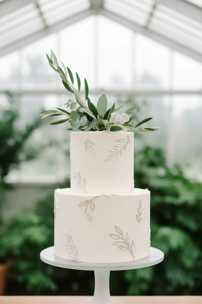 Two-tier square wedding cake topped with small leaves