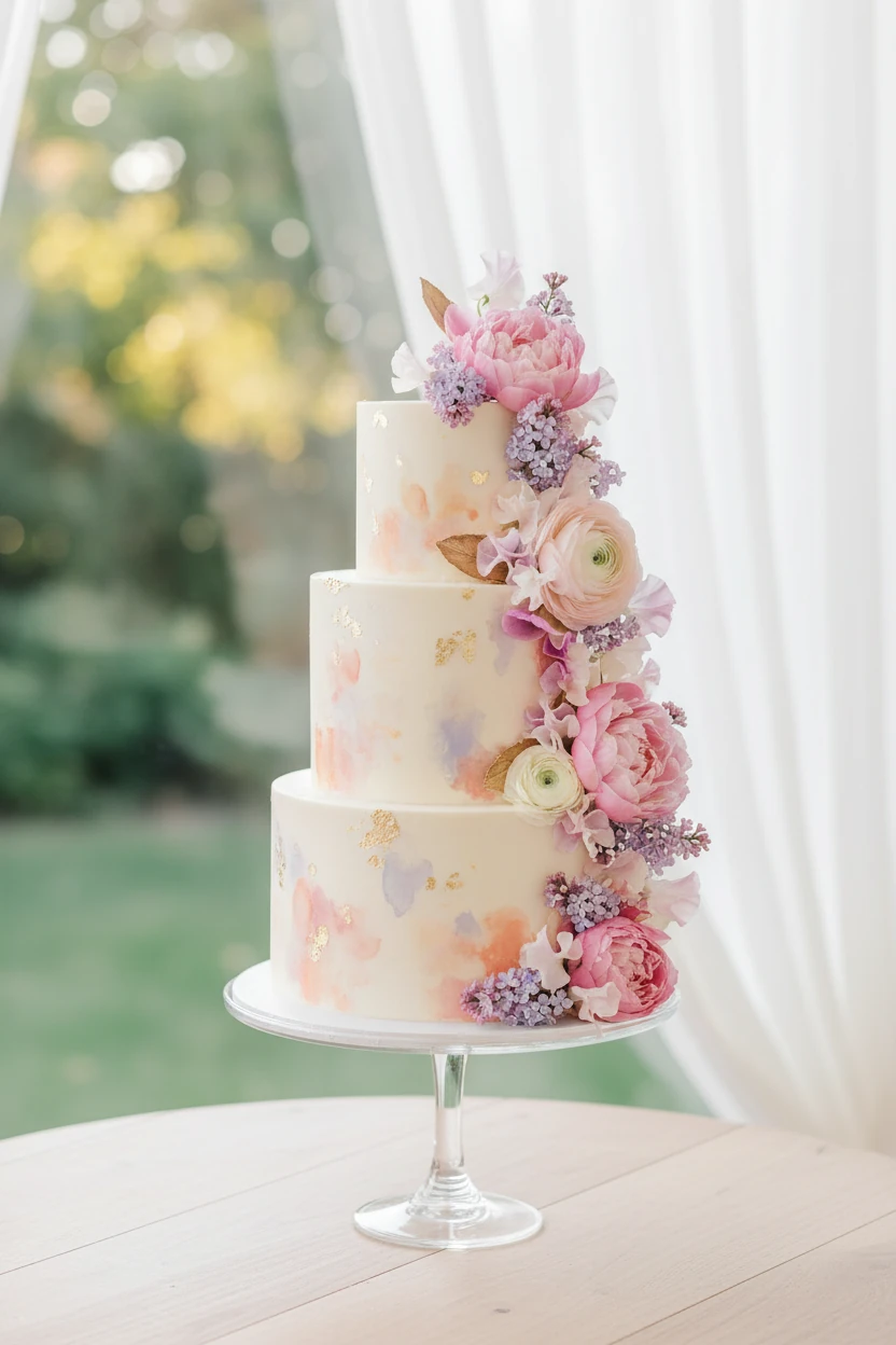 Four-tier watercolor square wedding cake topped with flowers