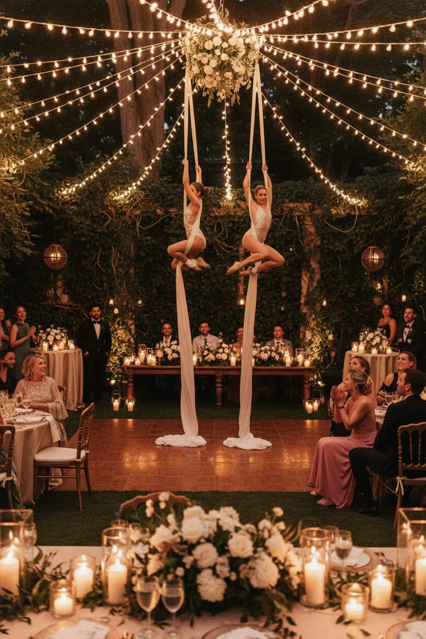 Synchronized swimmers in pink bathing suits performing in a pool during a wedding reception.