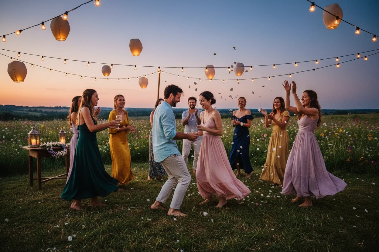 A bride dancing in the center of a circle of wedding guests doing a group dance at an outdoor wedding reception.