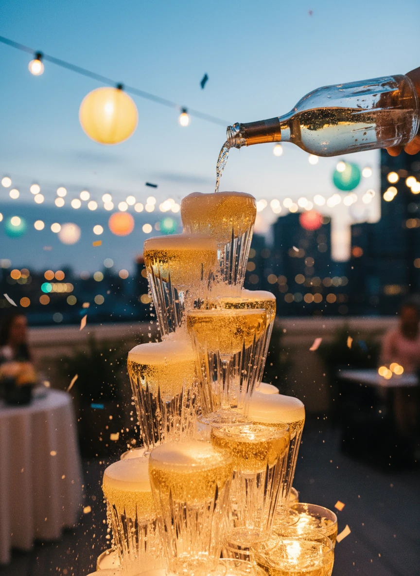 A champagne tower with four tiers of coupes being poured at a wedding reception.