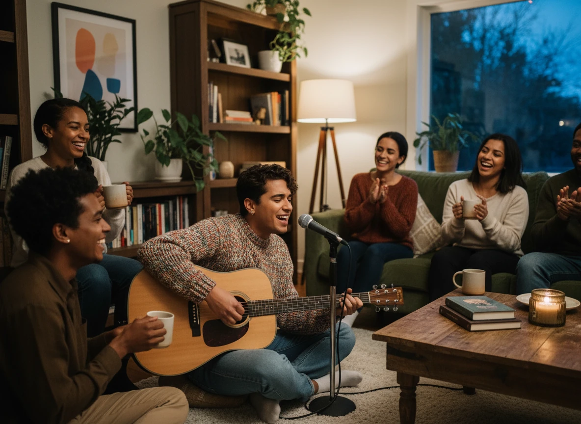 Bride surrounded by guests, singing into a microphone during her wedding reception.