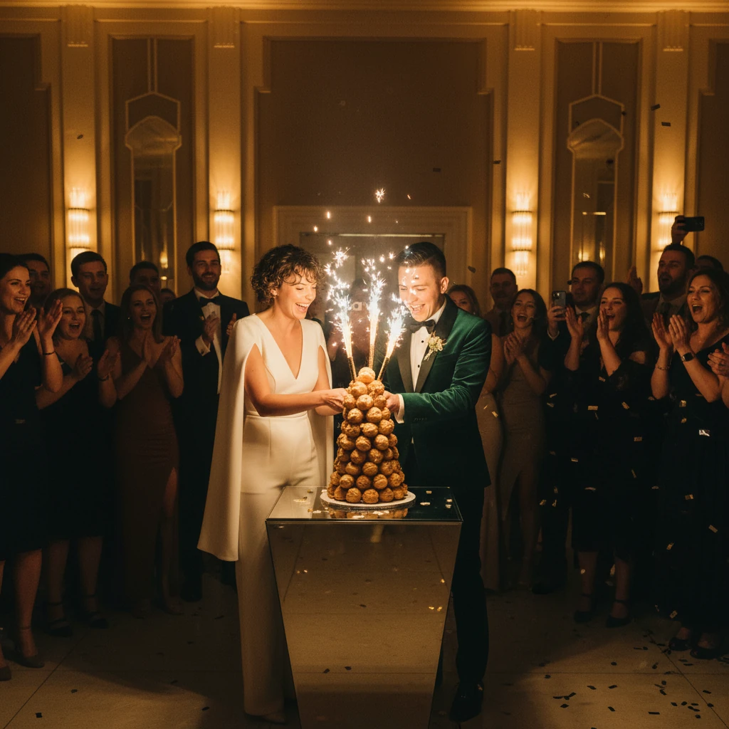Bride and groom slicing into a four-tier multi-color cake during their outdoor wedding reception.