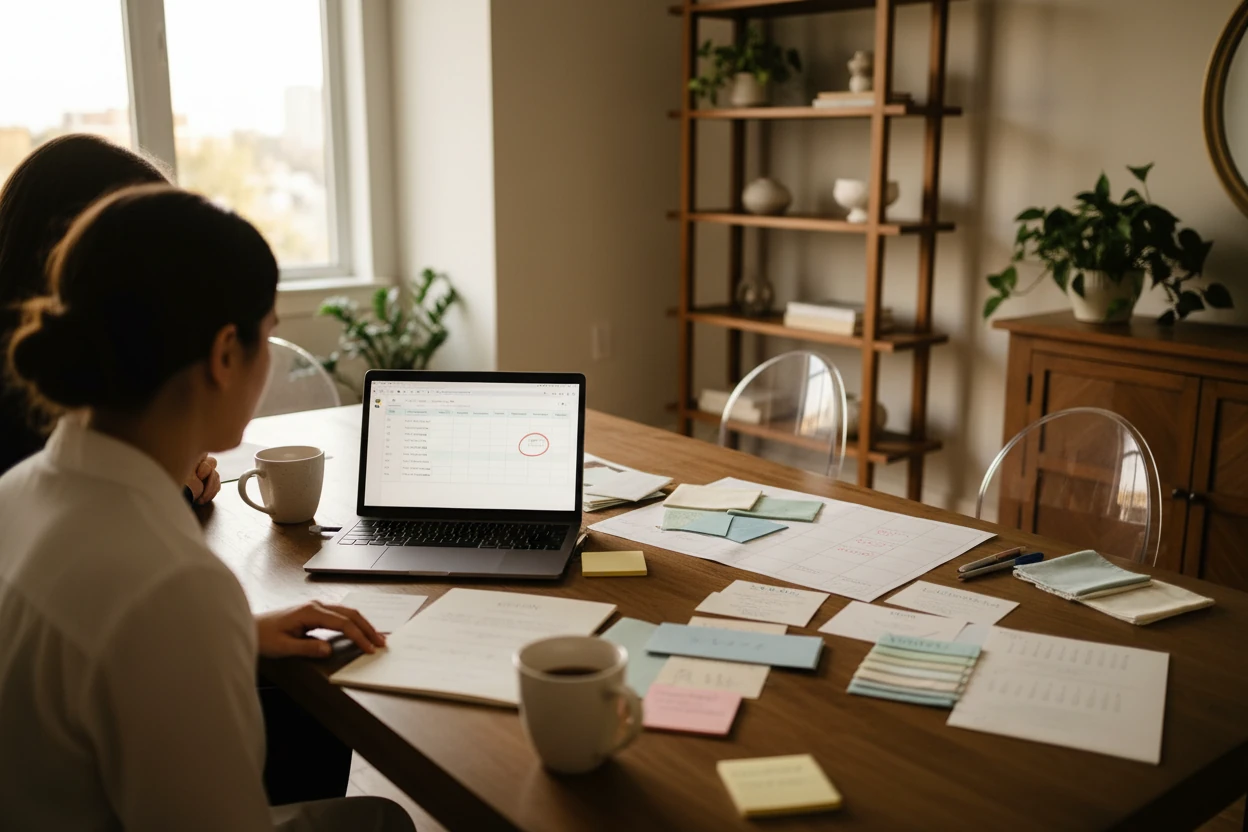 wedding in mansion ballroom with round tables and greenery