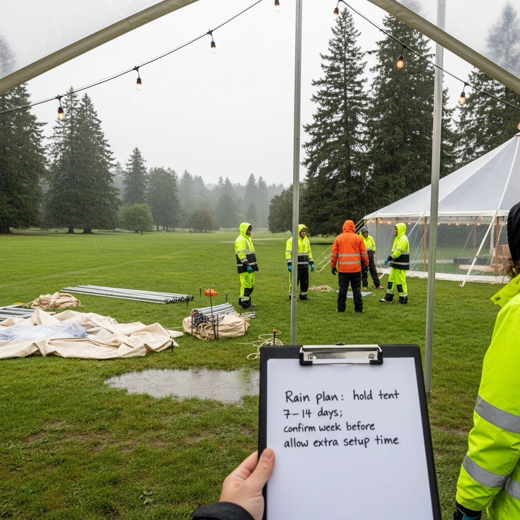 Bride and Groom Holding Umbrellas at a Rainy Wedding