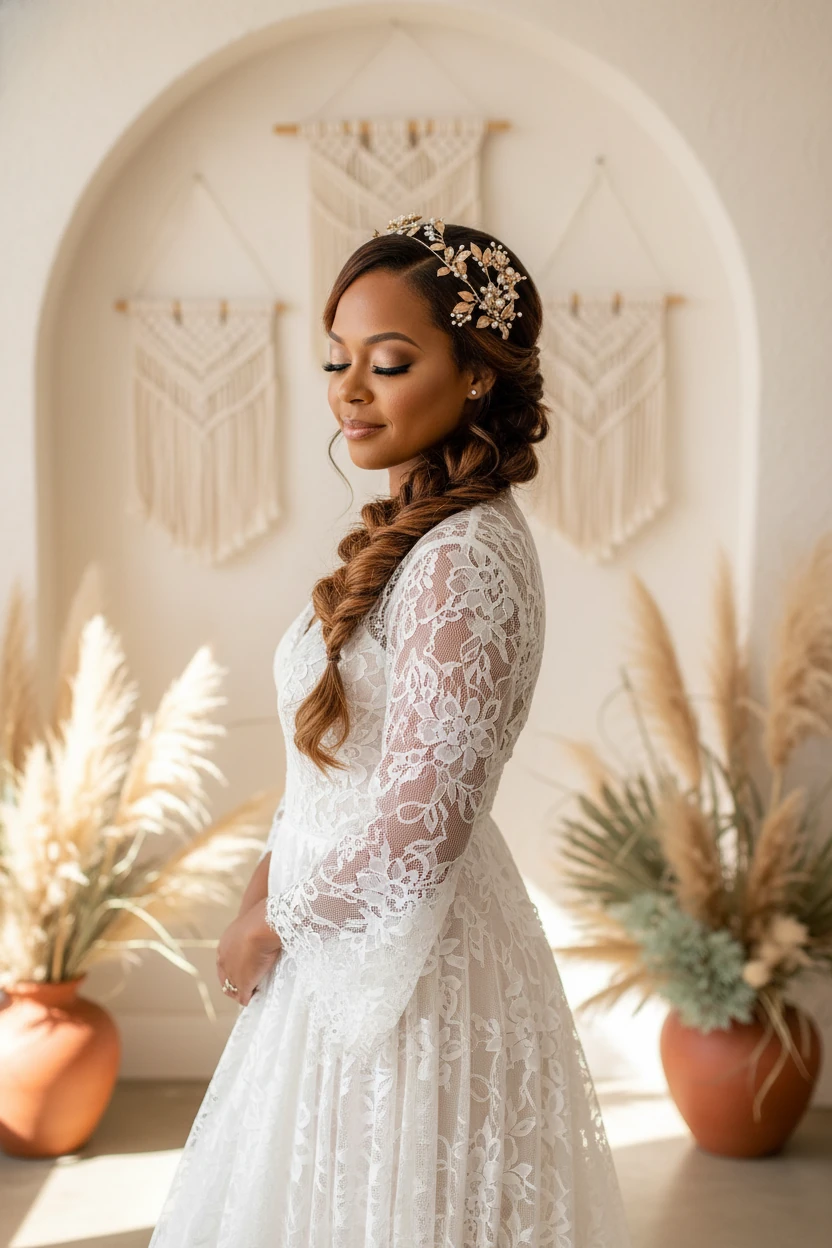 bride wearing a floral headpiece