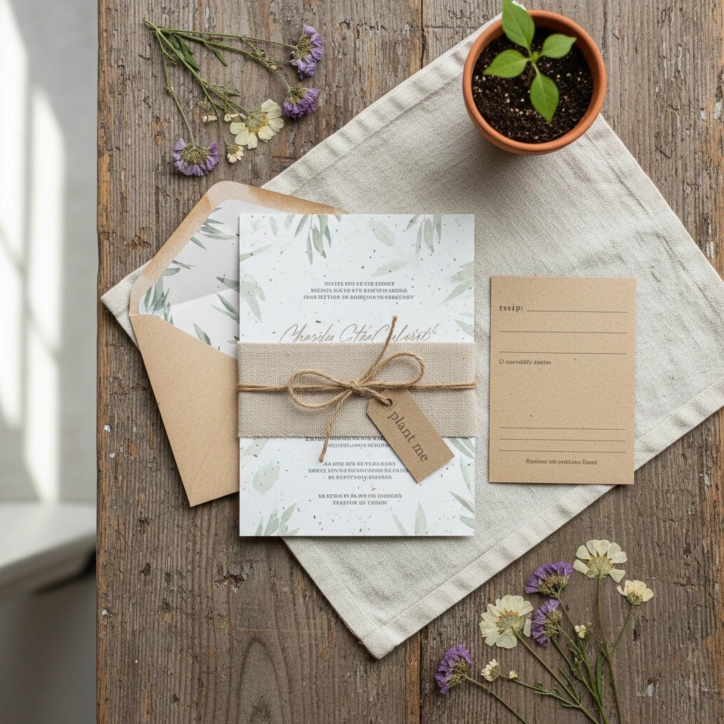 White and green wedding invitation suite with botanical print