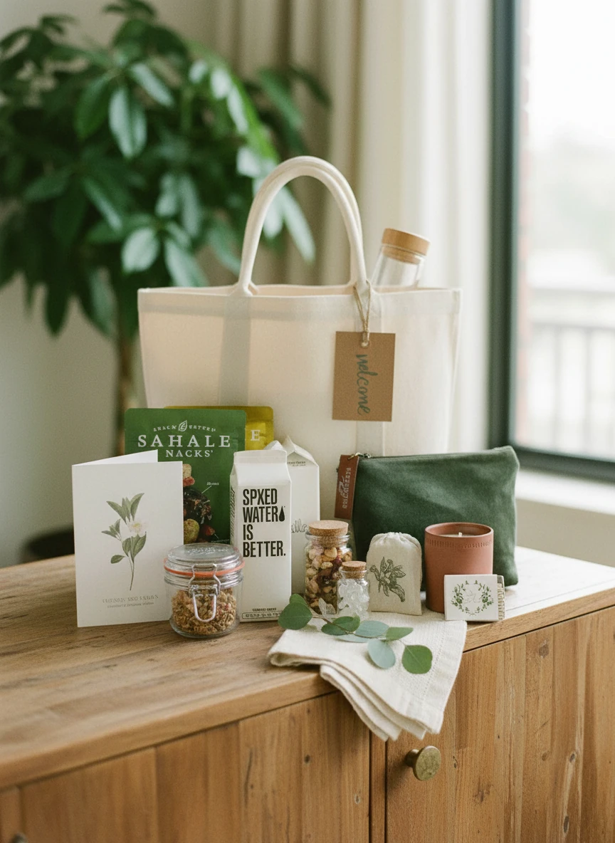 Welcome bag with boxed water, jar of caramels, candle, snacks, and reusable tote bag