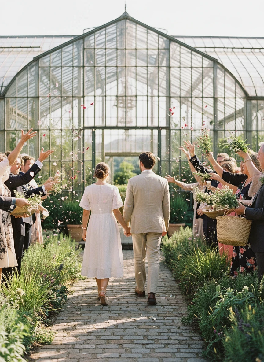 Wedding guests tossing petals as bride and groom recess down the aisle