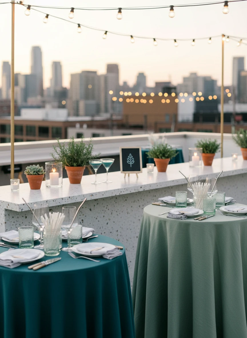 Table set with rented china and potted plants