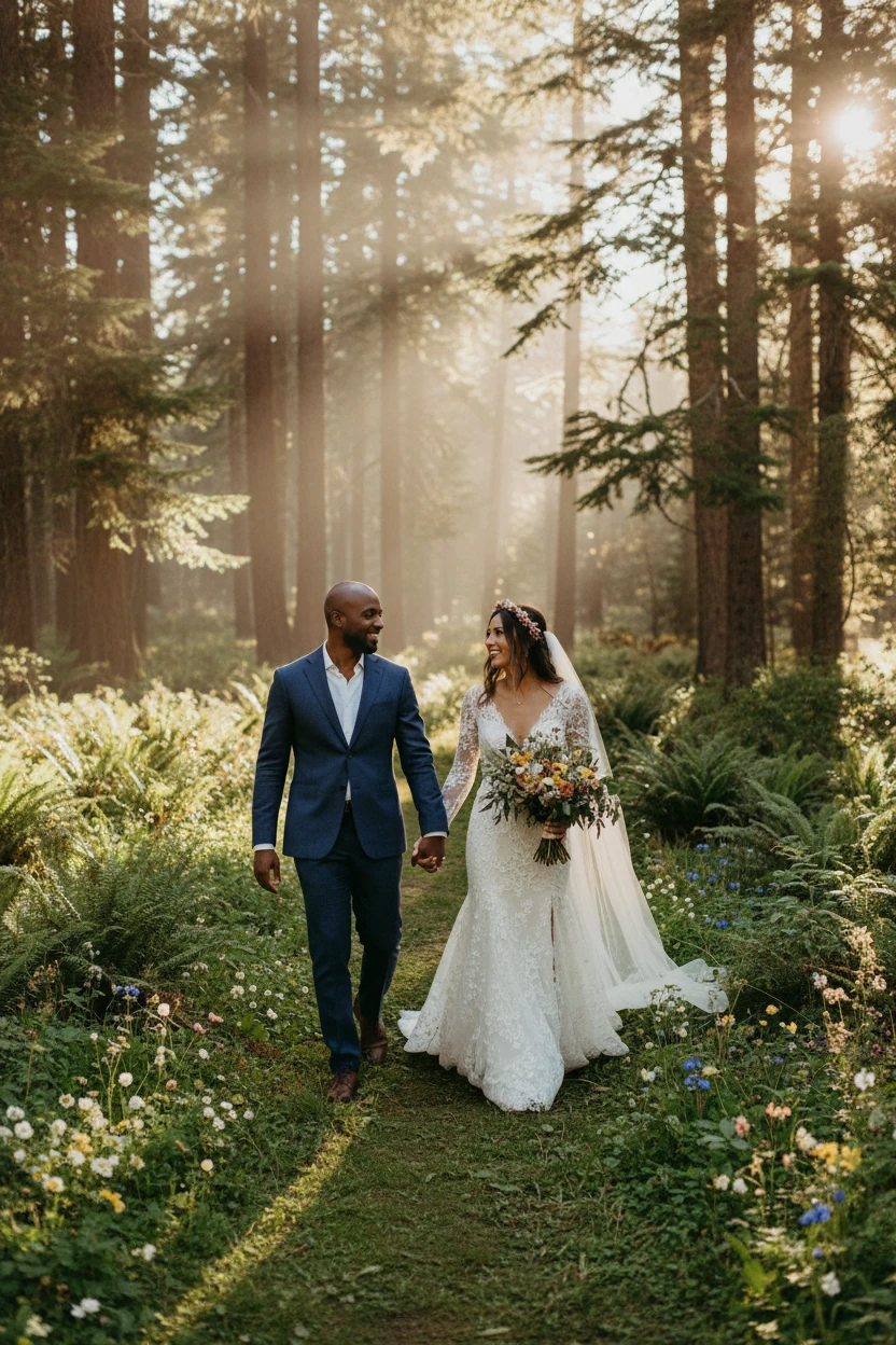 Bride and groom holding hands in Joshua Tree National Park