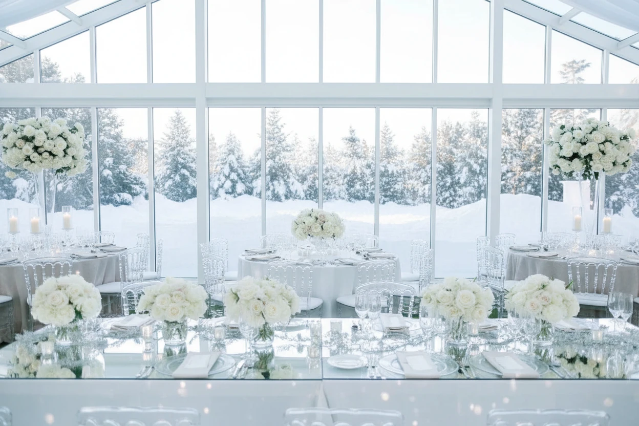 All White Wedding Reception Decor With Heat Lamps and String Lights 