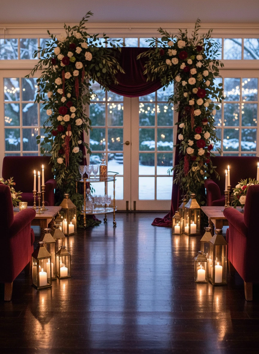 Tall floral arrangements in gold vases on round tables at wedding reception