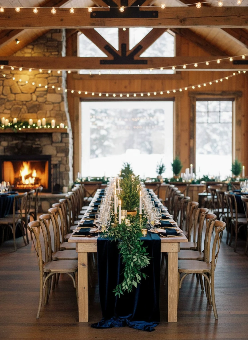 Round table in navy linens with tree centerpiece in tented reception space