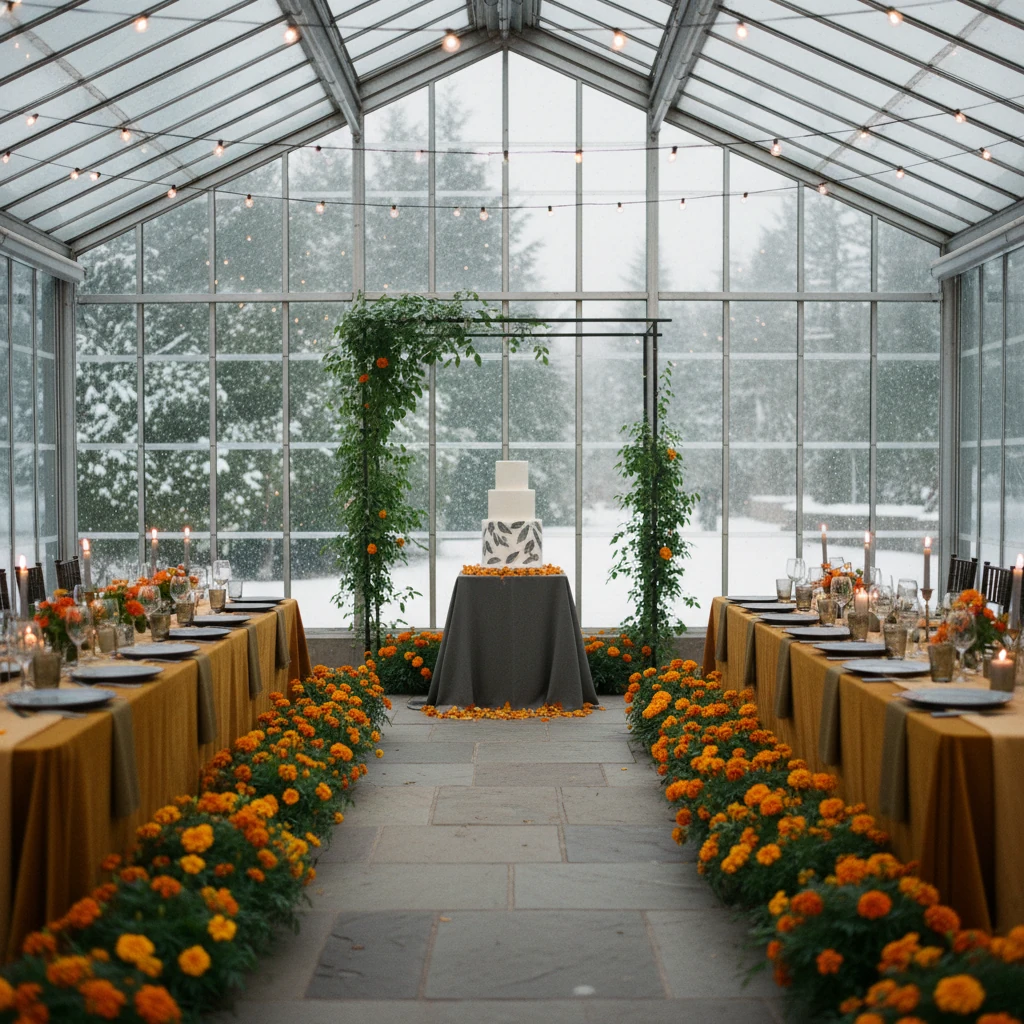 Two-tier cake with gray accents on mustard velvet linens with matching taper candles