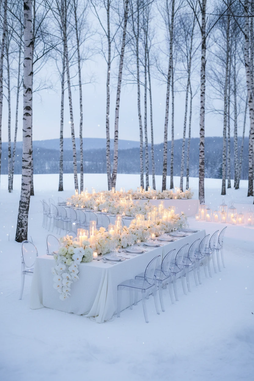 Wedding Reception in Glass Greenhouse With Chandeliers and Mix of Round and Rectangular Tables Positioned Around Black and White Dance Floor