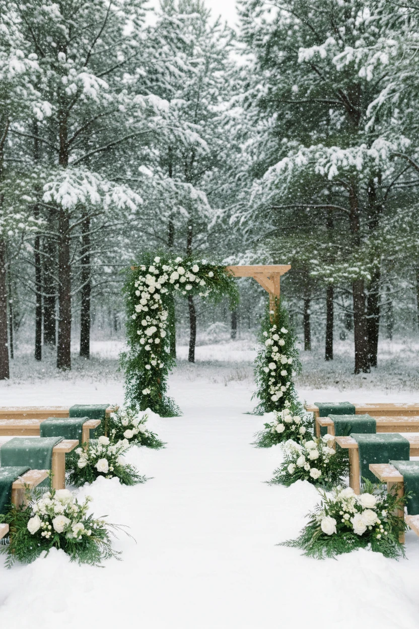 White Plates With Green Napkin and Entree Menu Next to White Flower Decor and Candles on Reception Table