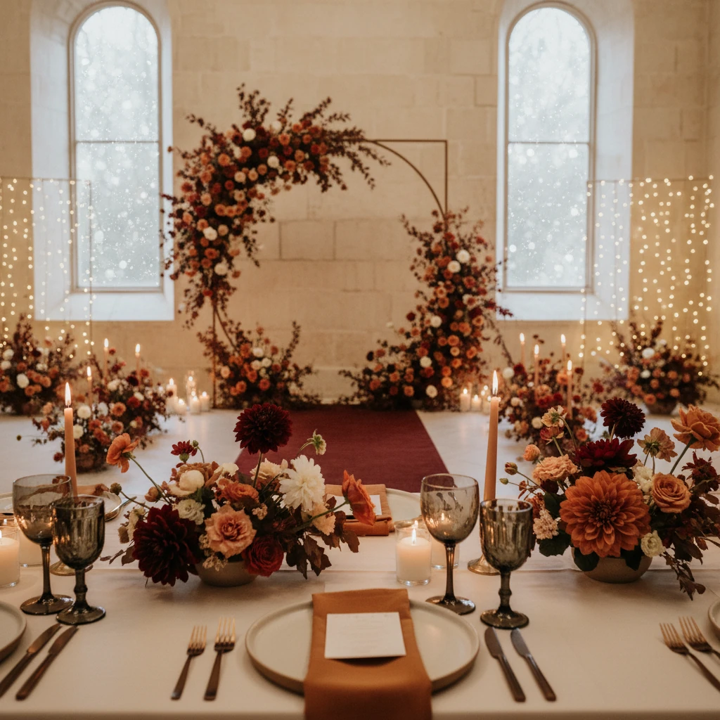 floral plates, floral centerpieces, and fruit accents on wooden wedding reception tables