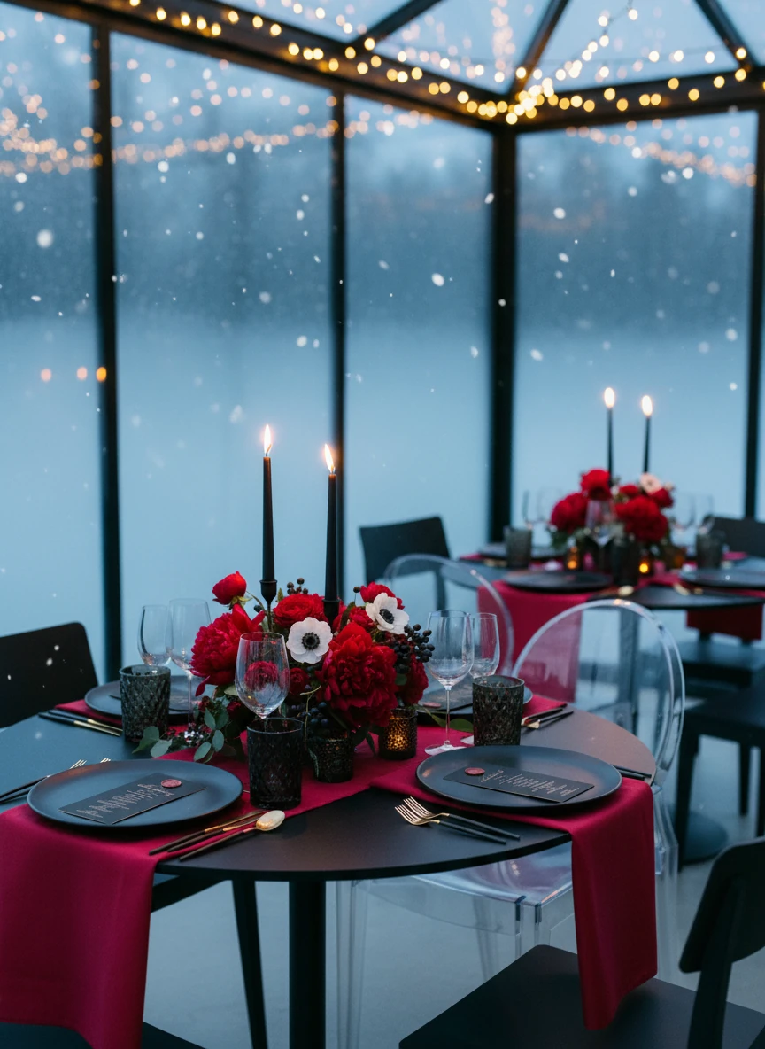 Red and black tablescape with red rose centerpiece and black goblets