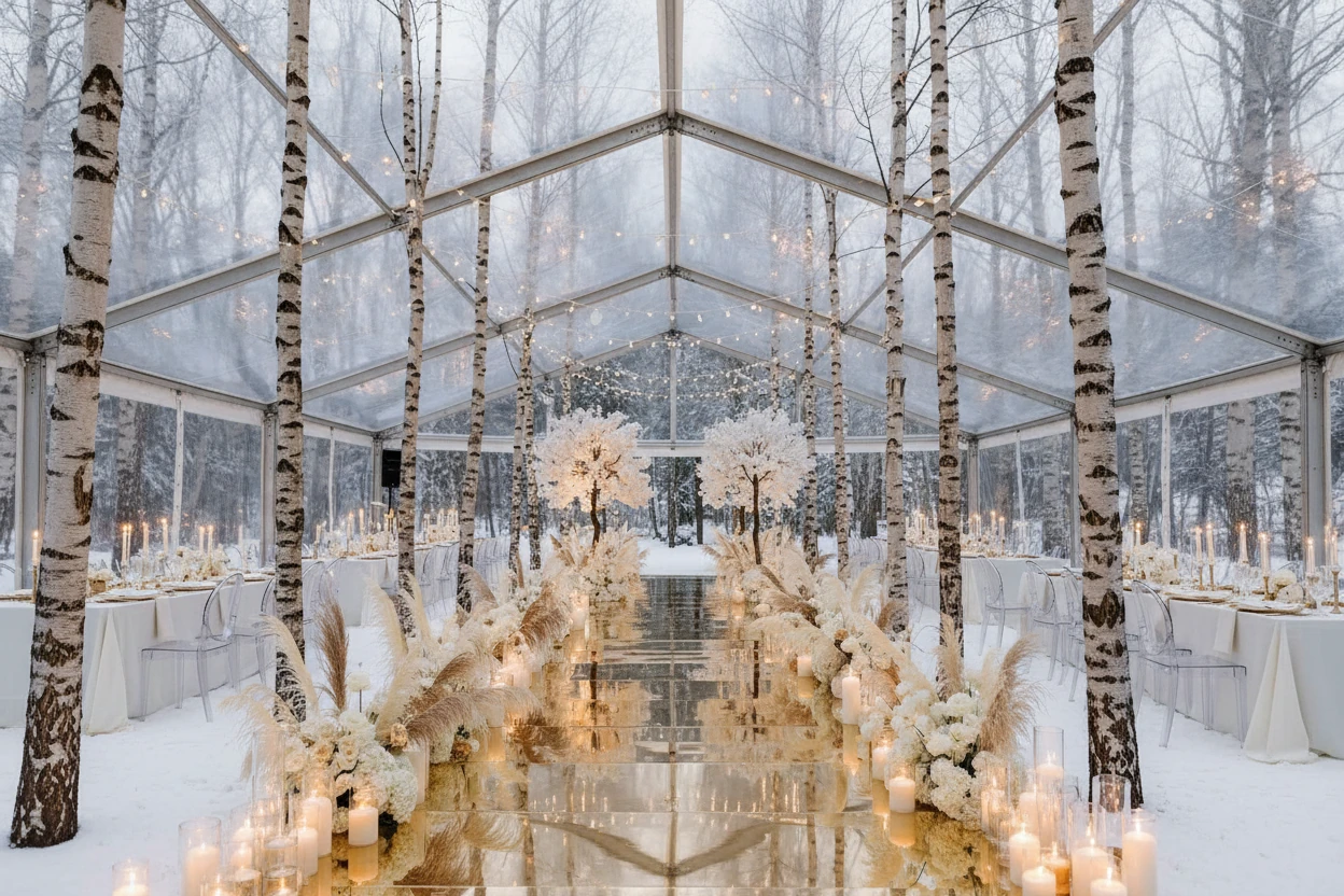wedding altar with white floral trees and gold mirrored aisle runner for evening outdoor ceremony
