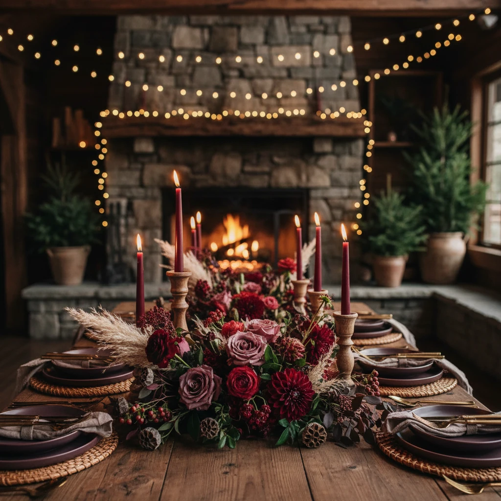 Seating chart with wooden board and wine-colored sign