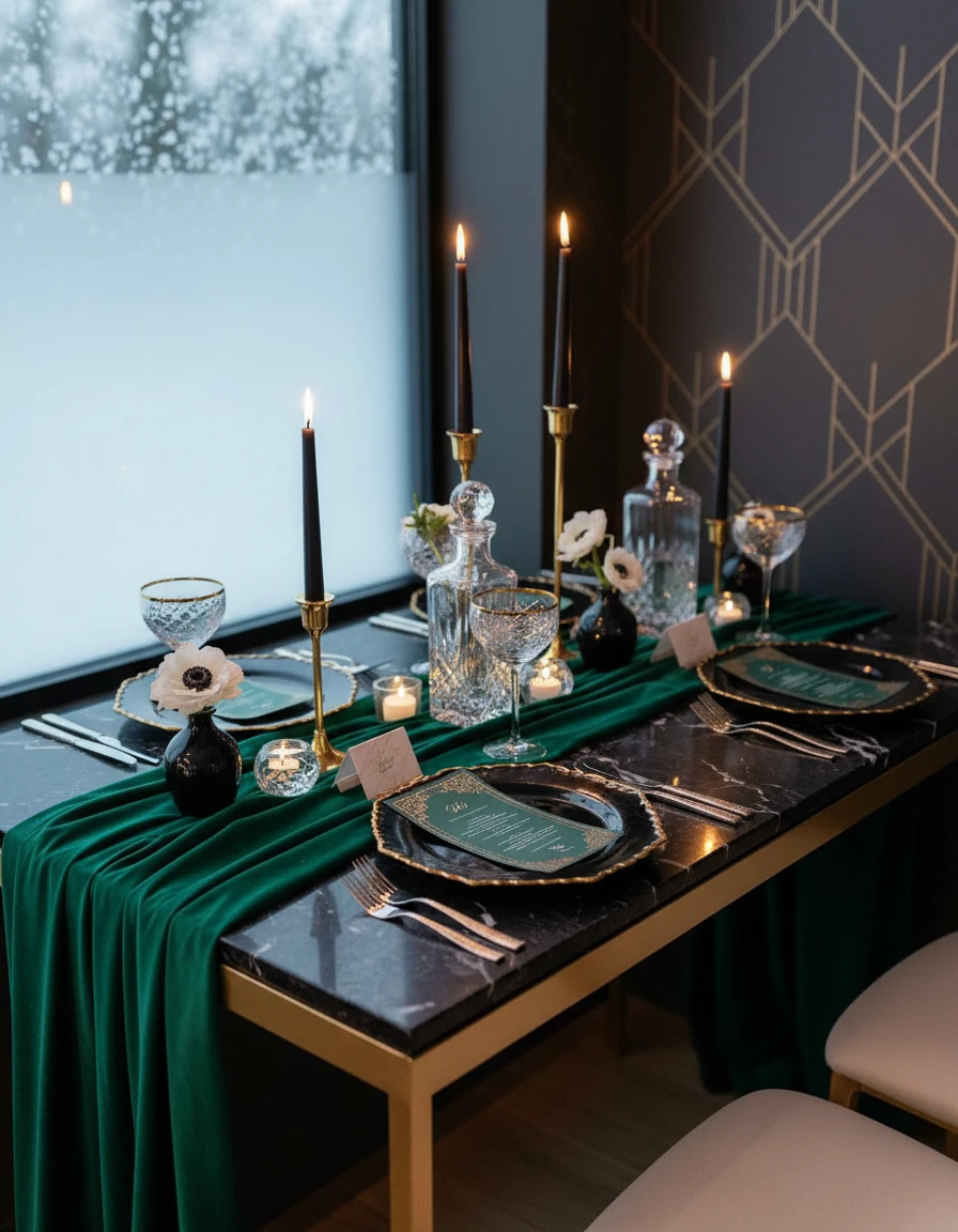 Wedding reception tablescape on a green marble table with white textured plates, a monogram symbol, gold and glass hurricane candles, white florals, and a black napkins