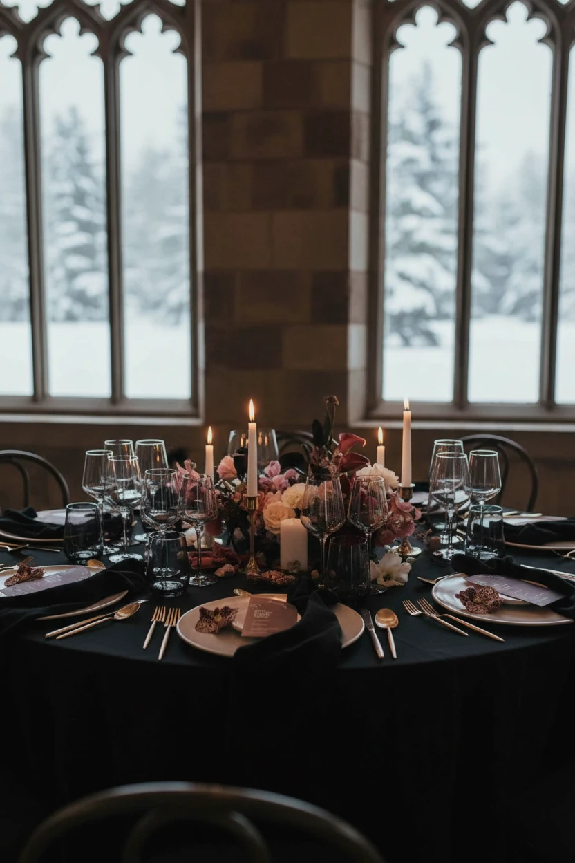 Plum menus on white plates with black napkins and black goblets