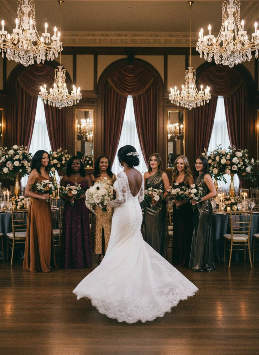 Portrait of Bride and Bridesmaids in Gold, Rust, Plum, and Charcoal Dresses