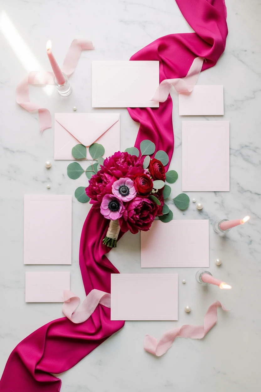 Pink Custom Wedding Koozies on Velvet Magenta Surface