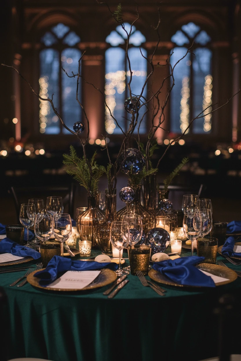 Round tables with dark green velvet linens, purple taper candles, gold chargers, and royal blue napkins
