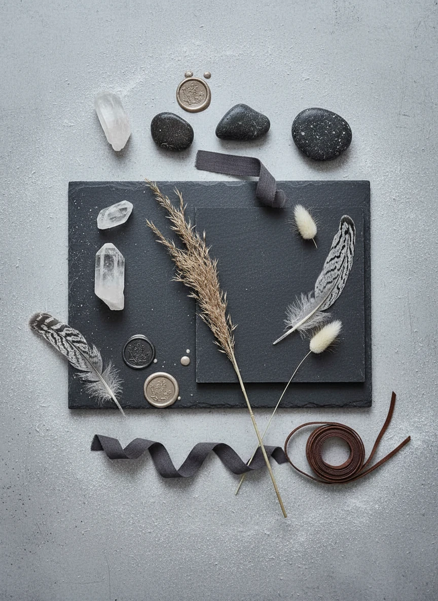 Invitations with a feather and gold, black, and gray tones