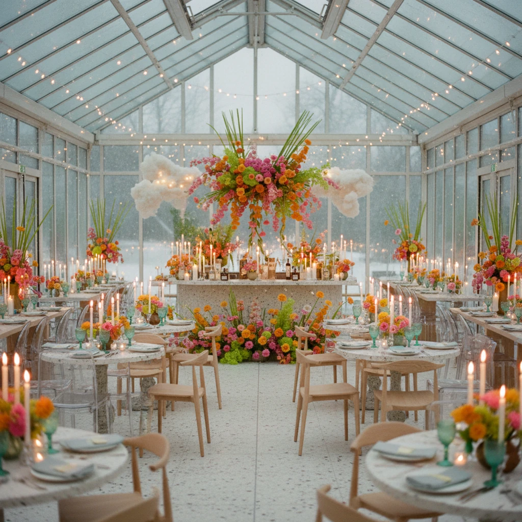 Long Reception Tables with Teal Velvet Chairs, Pink Candles, and Colorful Centerpieces