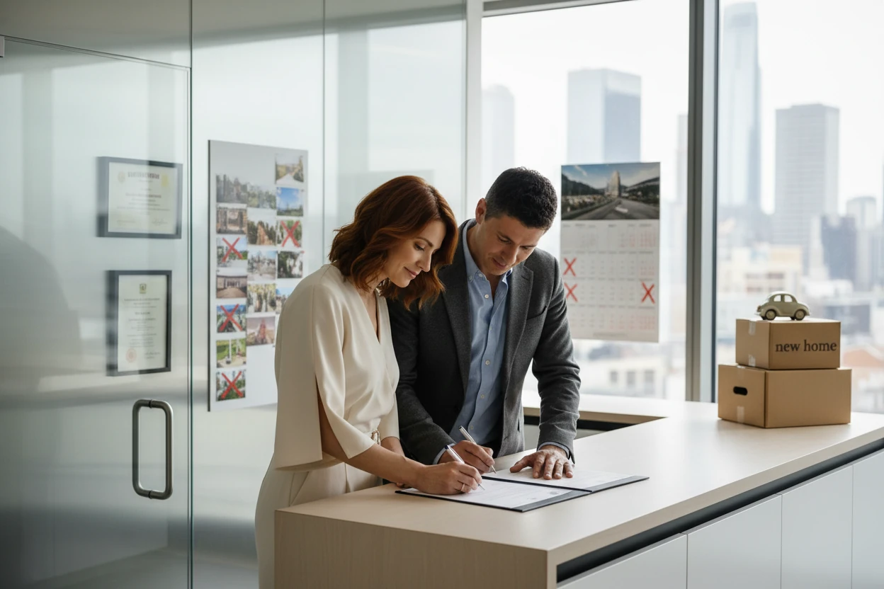 Dark-Haired Groom Putting Ring on Blonde Bride’s Left Ring Finger As They Face Each Other in Front of Baby’s Breath Altar