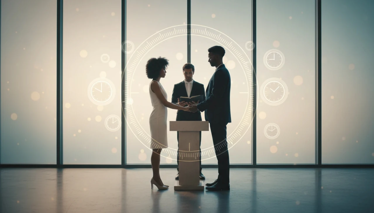 Black Bride and Groom Facing One Another and Holding Hands at Altar