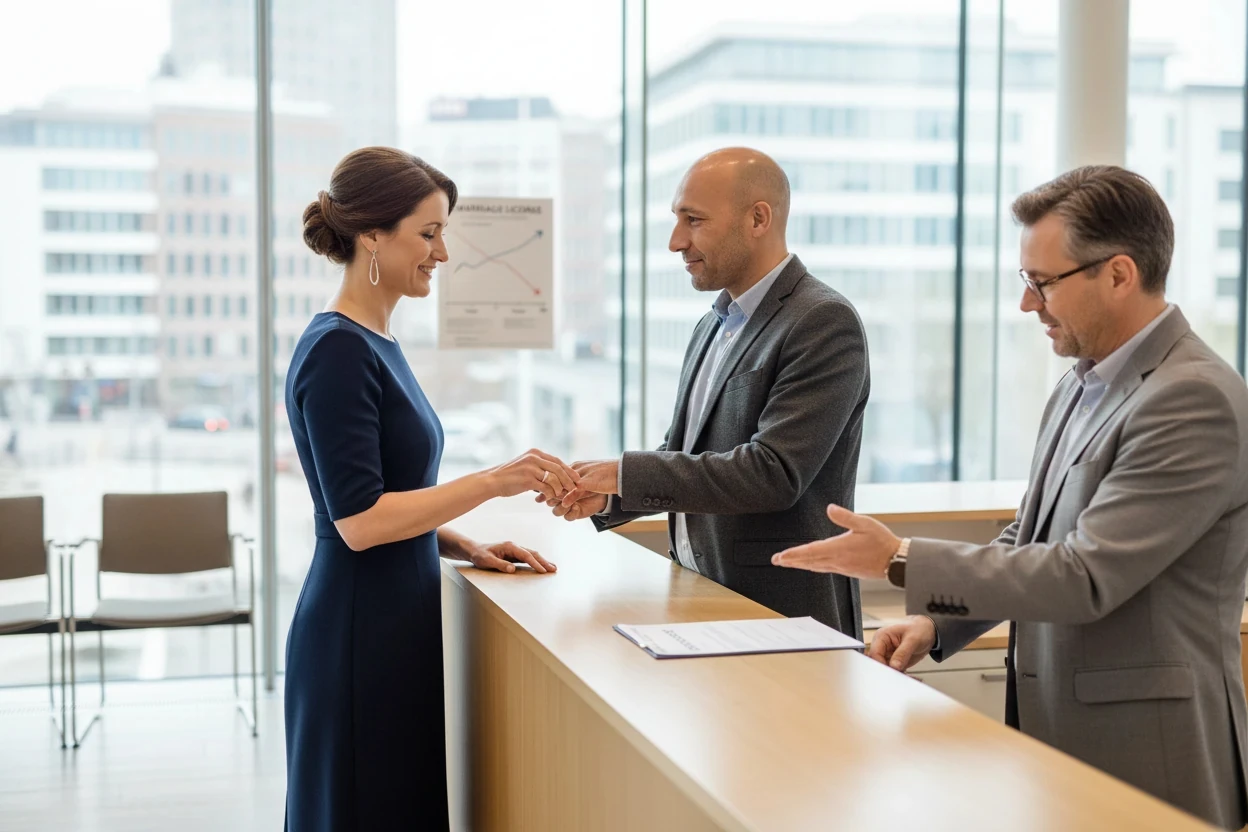 Brunette Bride and Black Groom Holding Hands and Looking at Each Other While Walking on Outdoor Path
