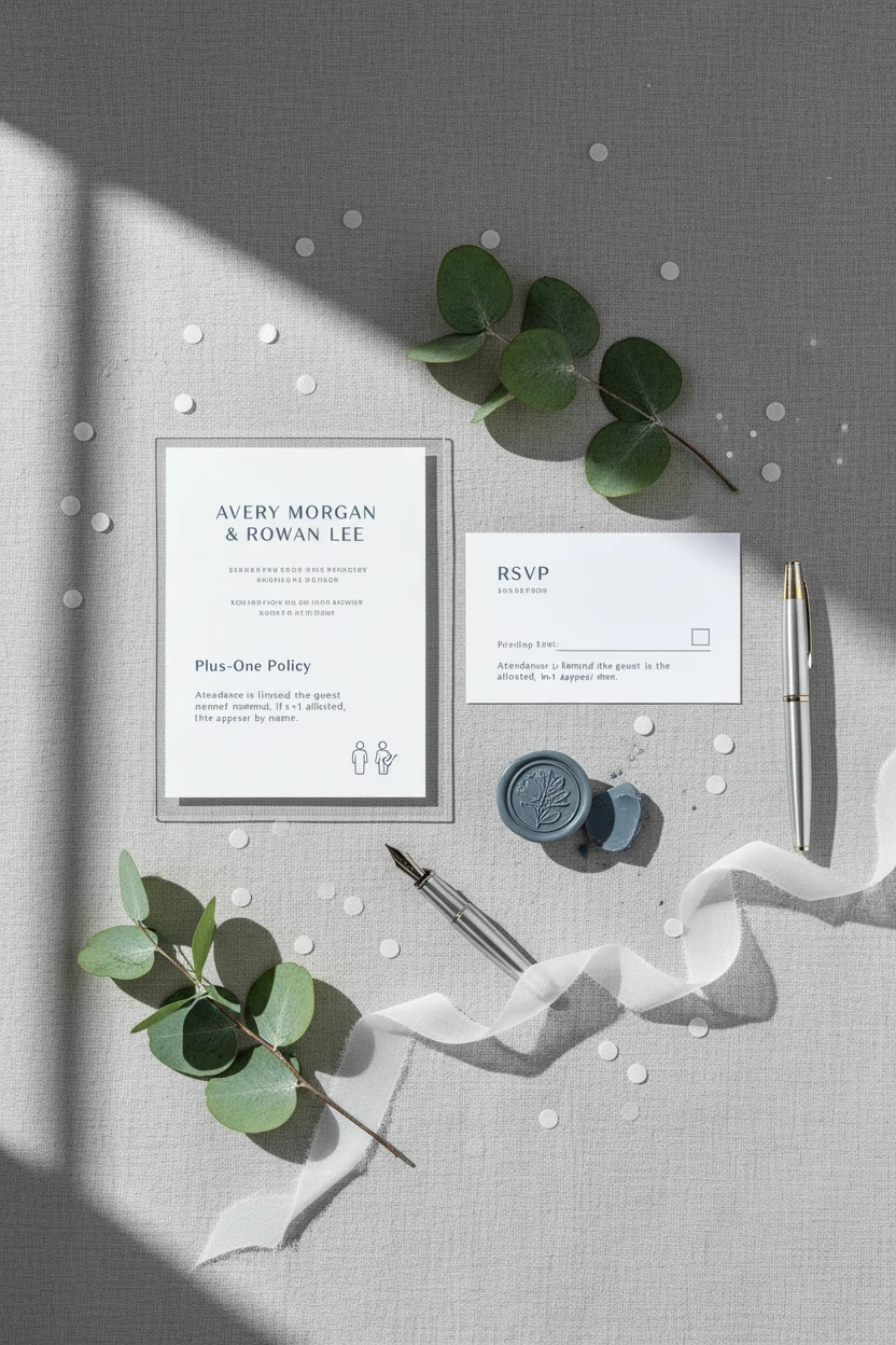 Layout of White Wedding Invitation Next to Stamps and White Flowers